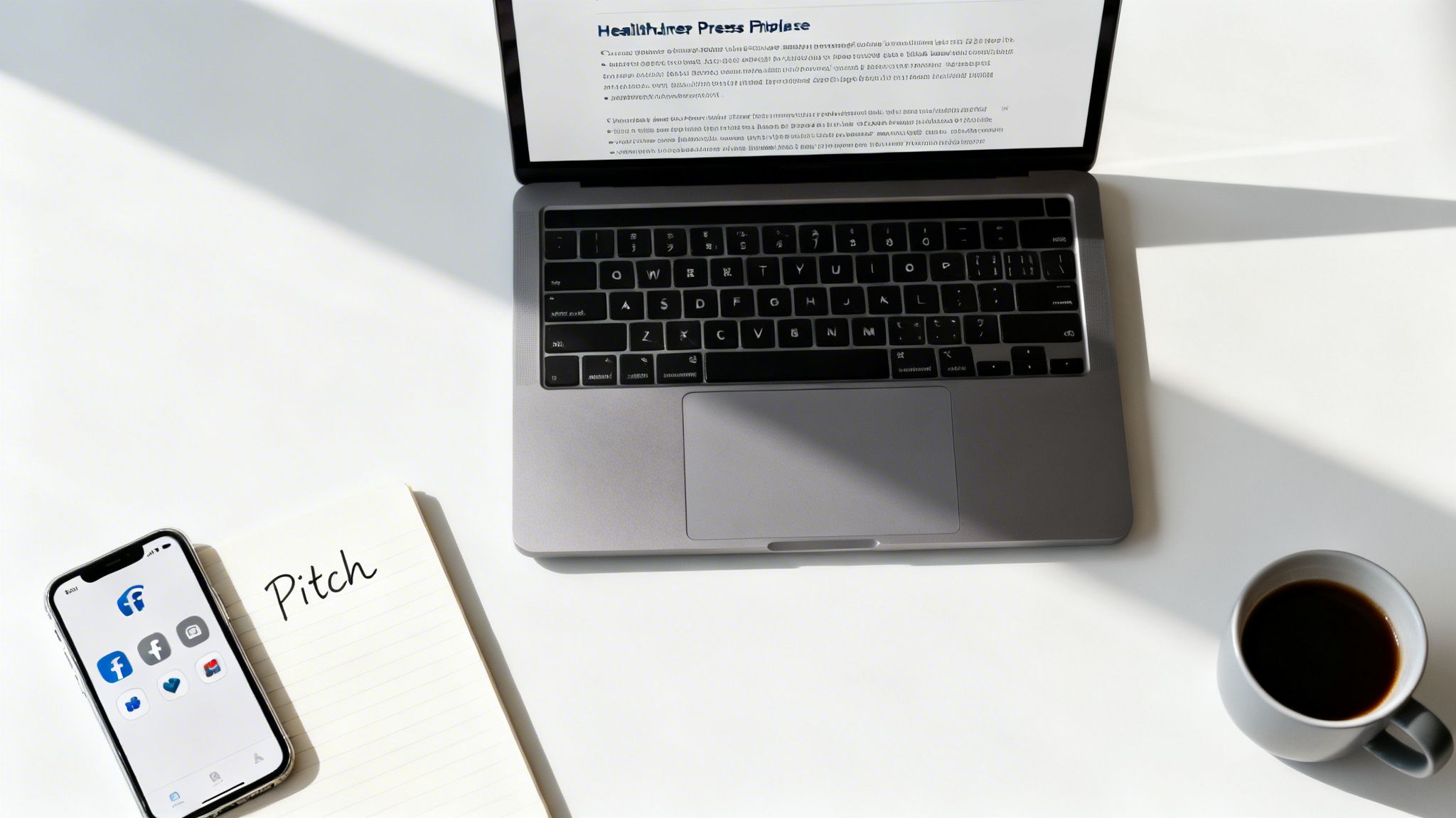 A flat lay of a modern workspace featuring a laptop, smartphone with social media apps, a notebook with 'Pitch' written on it, and a cup of coffee on a white desk.