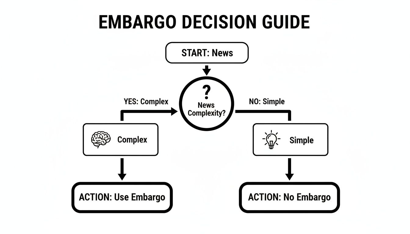 Flowchart showing how to decide whether to use a news embargo based on complexity.
