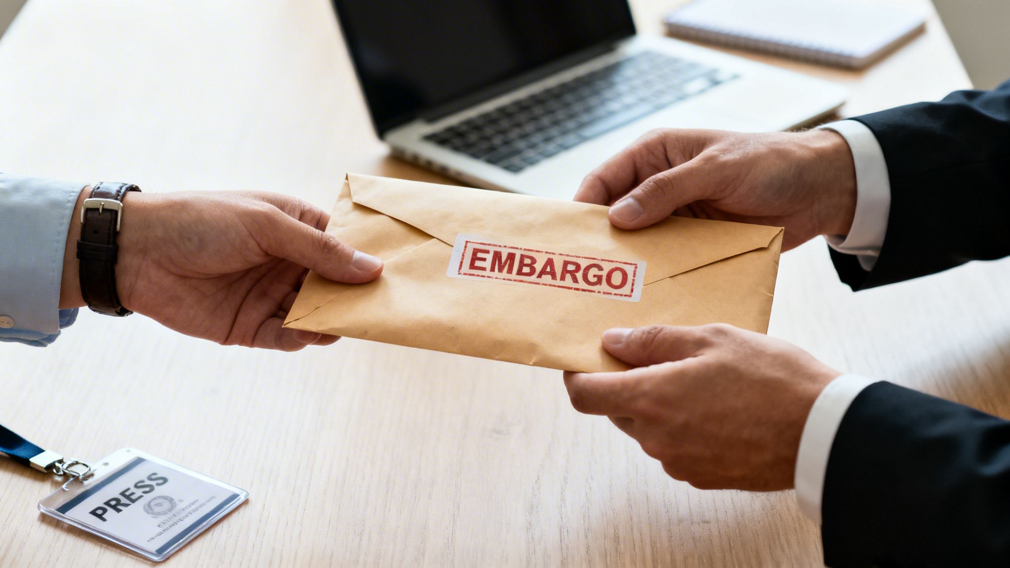A journalist receives an embargoed document in a brown envelope from a person in a suit.