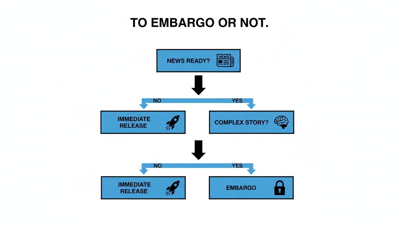 A flowchart titled 'TO EMBARGO OR NOT' detailing the decision process for news release.