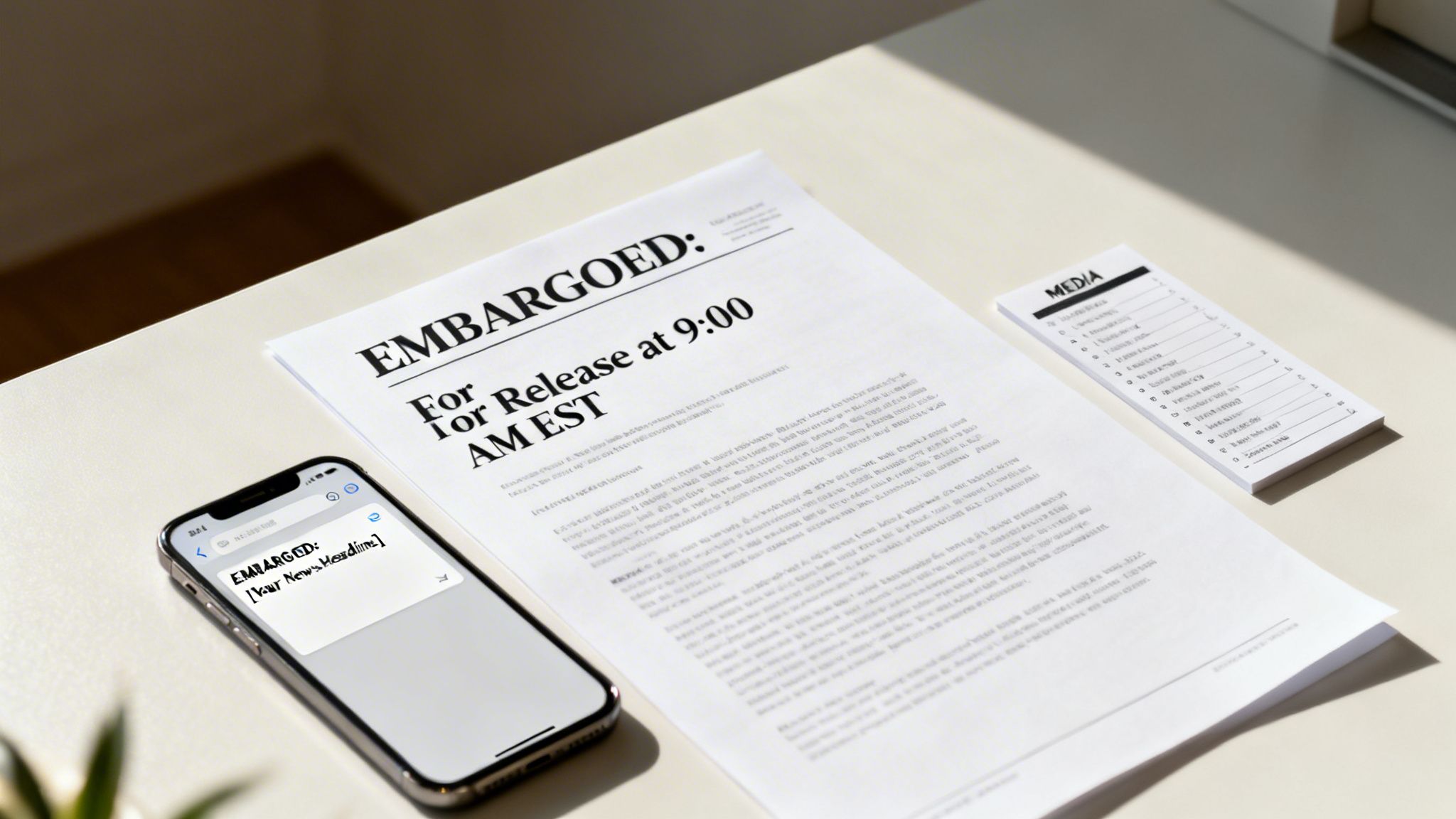A close-up of an embargoed press release document next to a smartphone displaying a news headline draft.