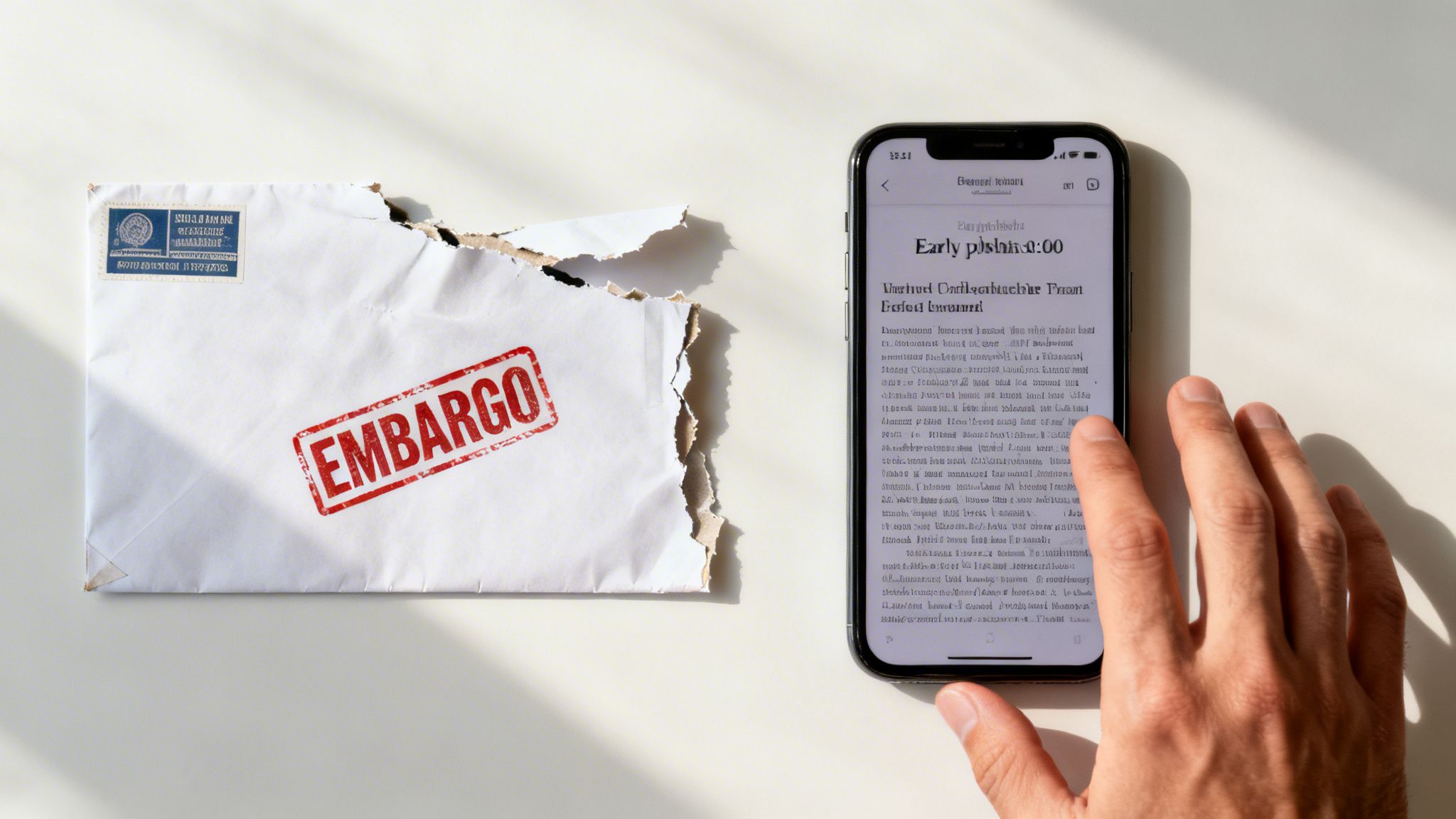 A red 'EMBARGO' stamp on a torn envelope, with a hand scrolling an article on a smartphone.
