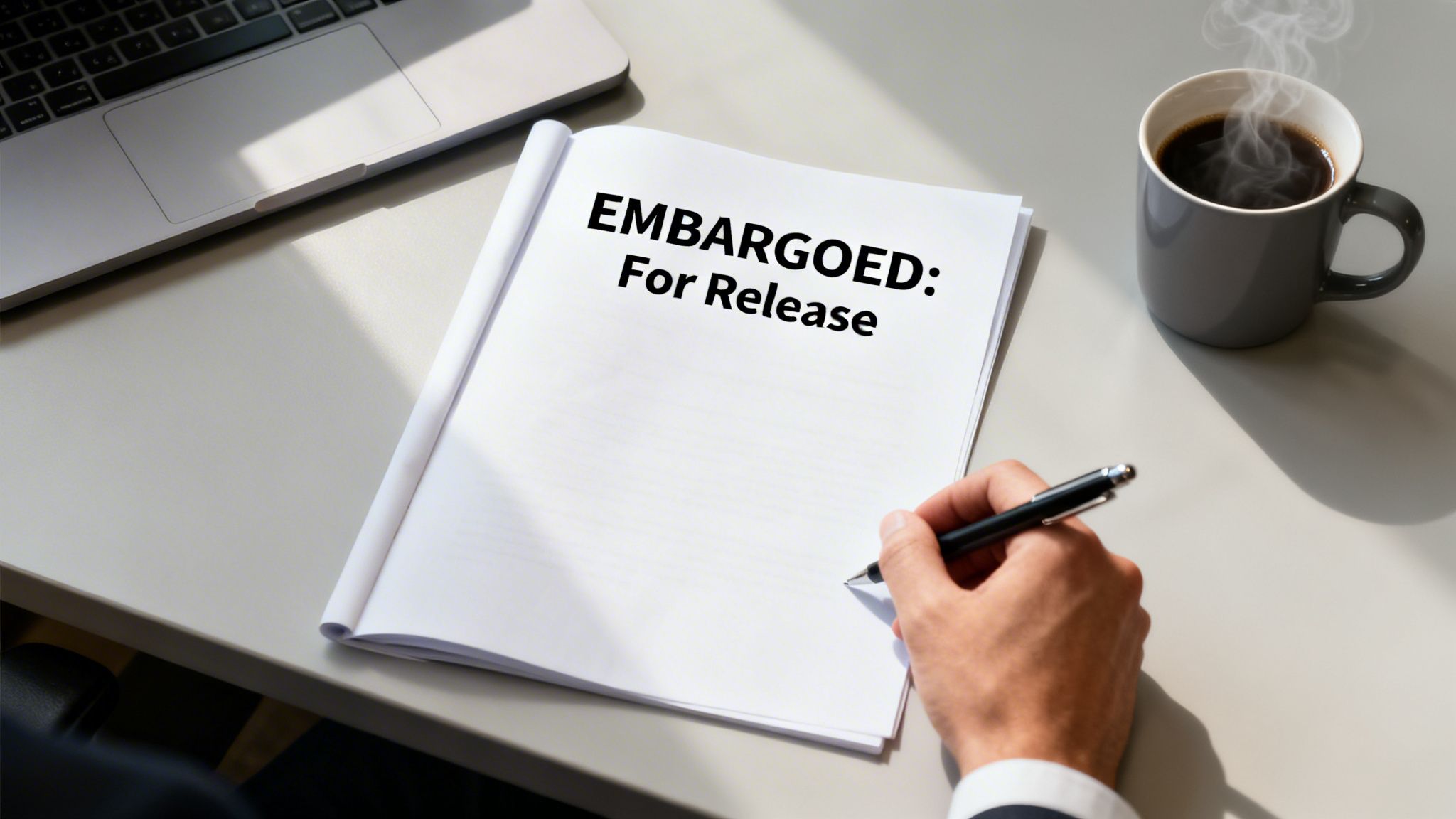 A hand with a pen ready to write on an 'EMBARGOED: For Release' document, beside a laptop and coffee.