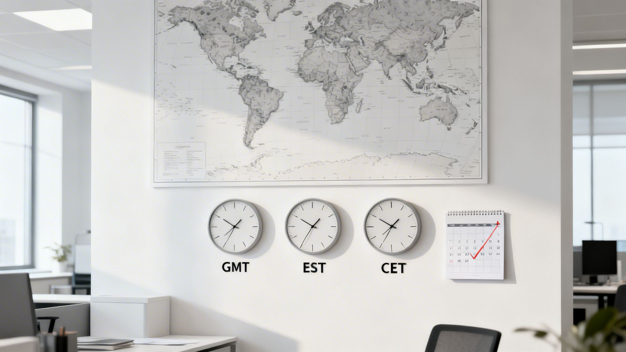 An office wall features a world map, three time zone clocks for GMT, EST, CET, and a calendar.