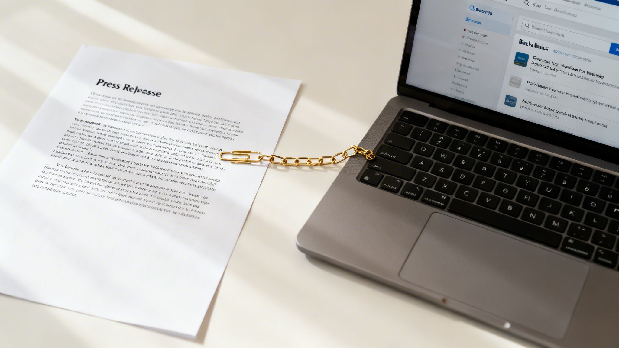 A paper press release document connected to a laptop by a golden chain and paperclip, symbolizing digital publishing.