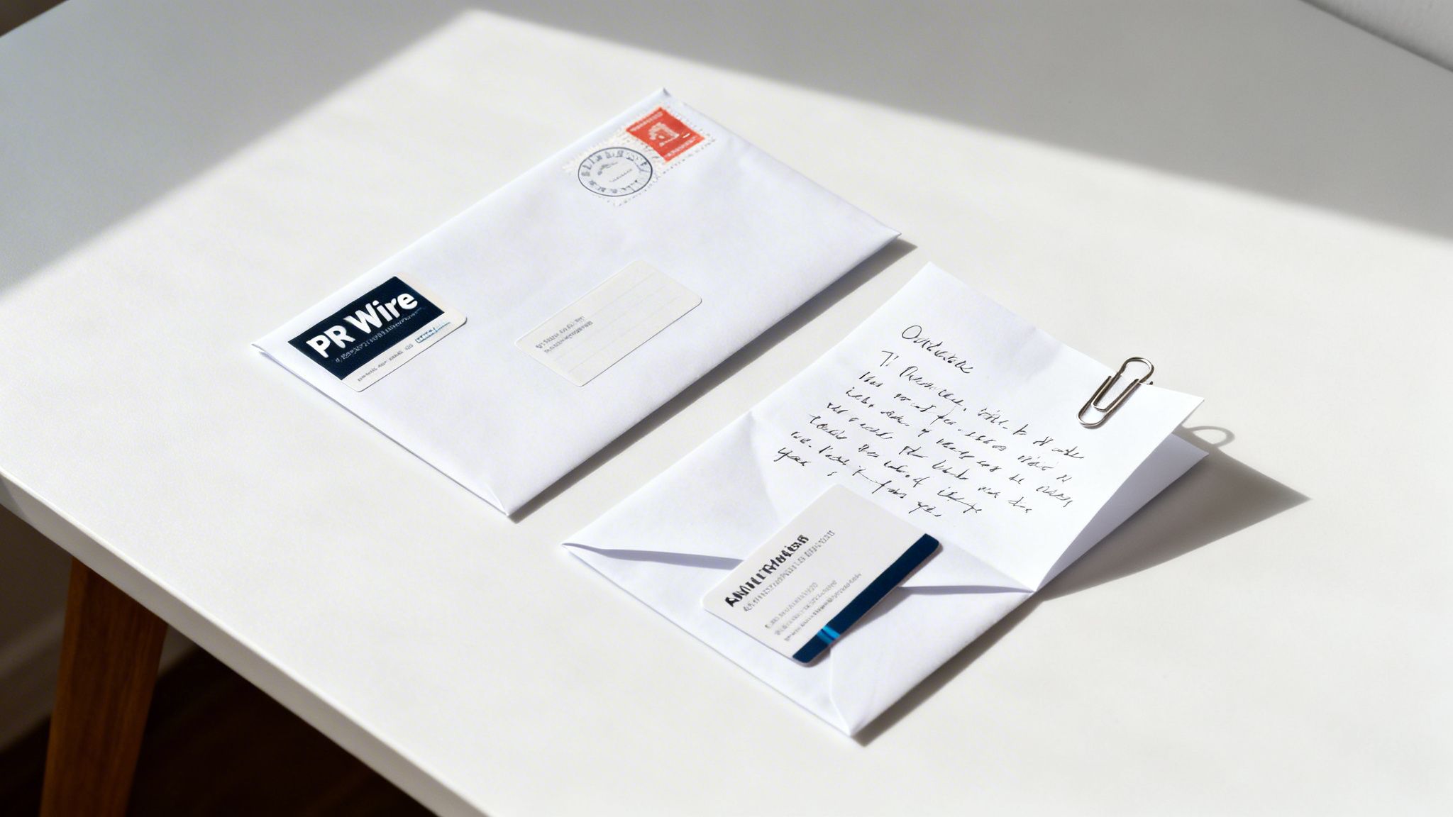 Two white envelopes on a table, one with a PR Wire logo and stamp, the other open with a handwritten note and business card.