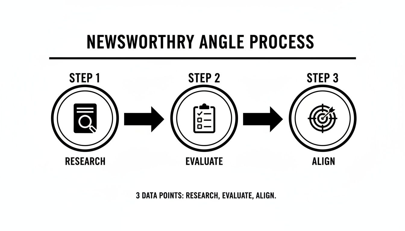A three-step newsworthy angle process infographic showing research, evaluate, and align with icons.