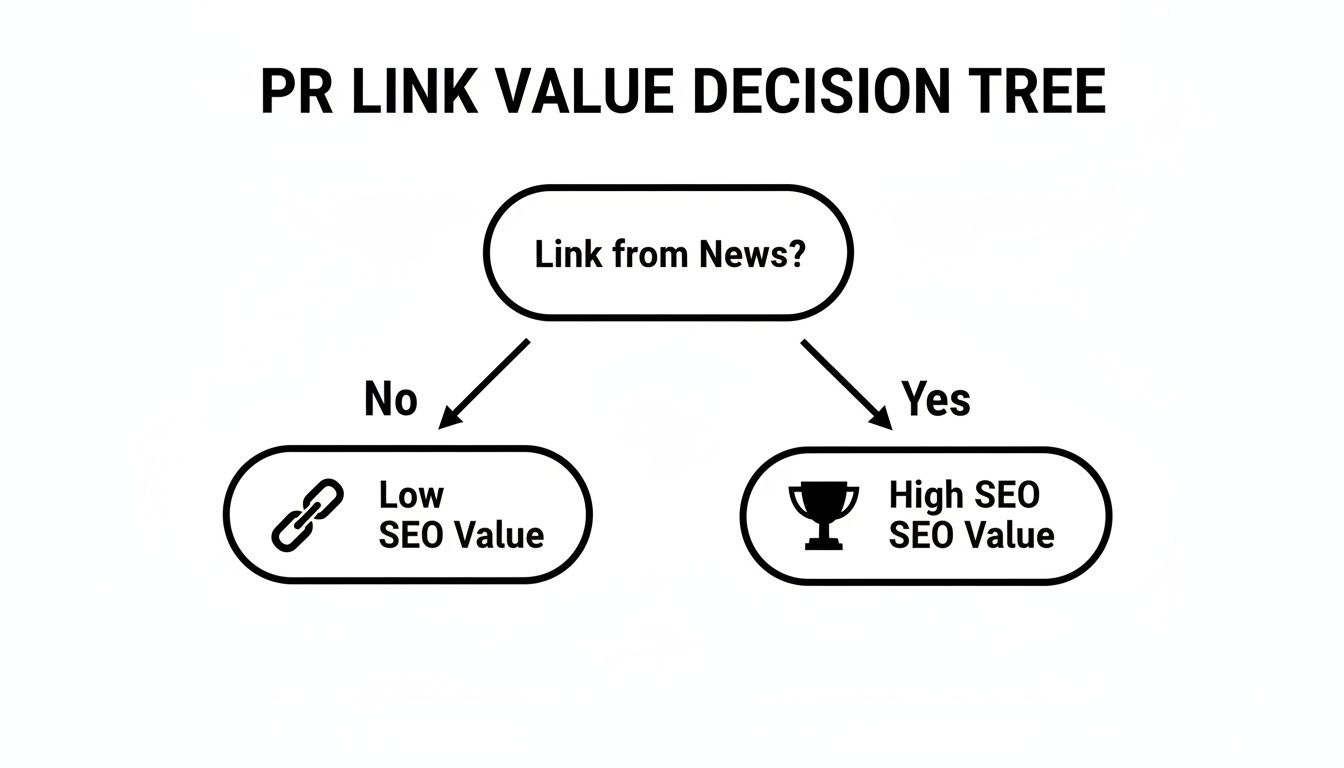 A decision tree illustrating that PR links from news sources have high SEO value, while others have low SEO value.