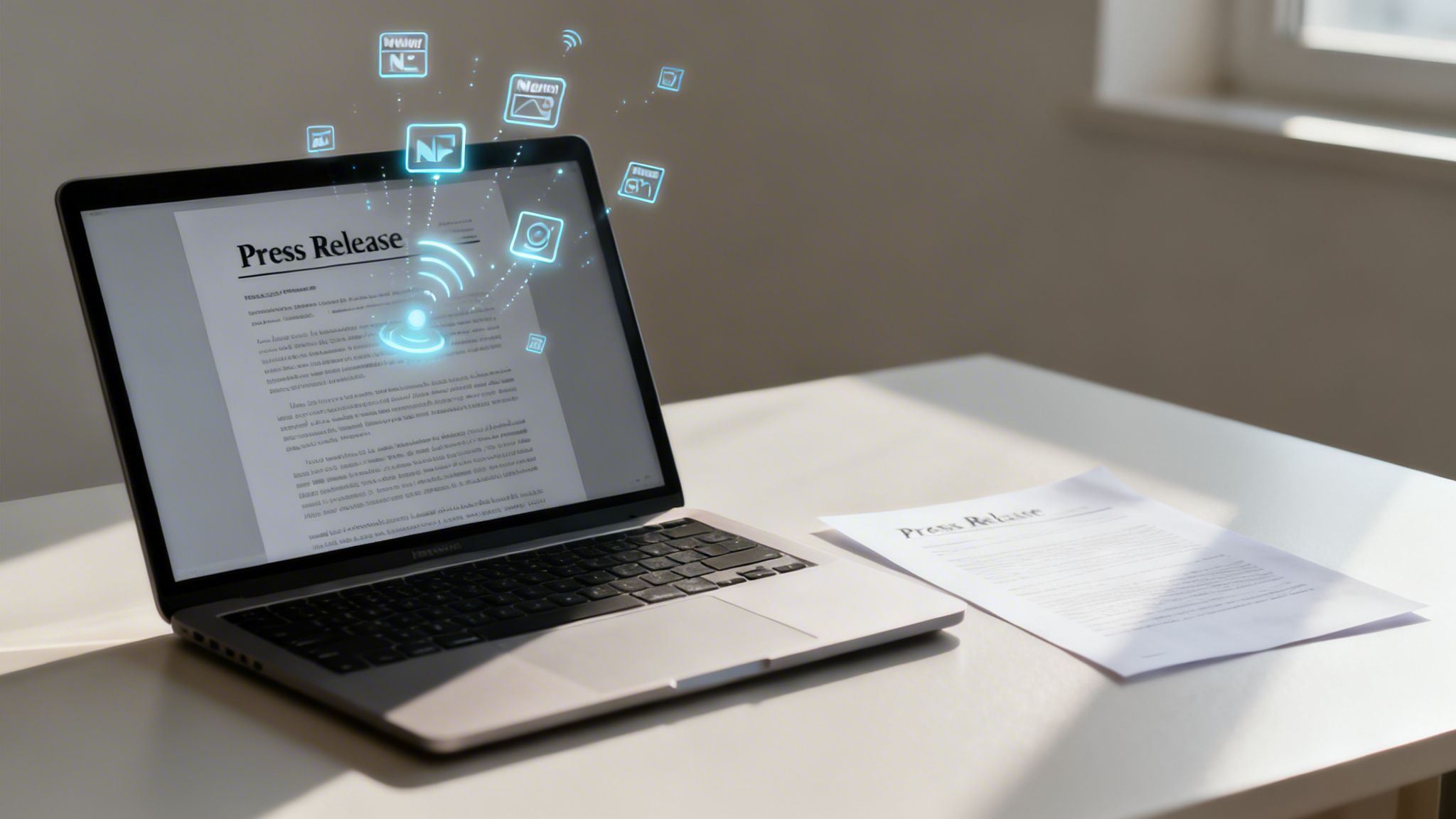 Laptop screen showing a press release document with glowing digital distribution icons above it, beside a printed press release.