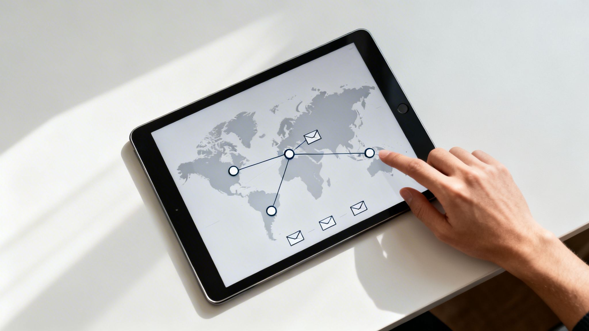 A hand interacts with a tablet showing a world map with a connected global network and email icons.