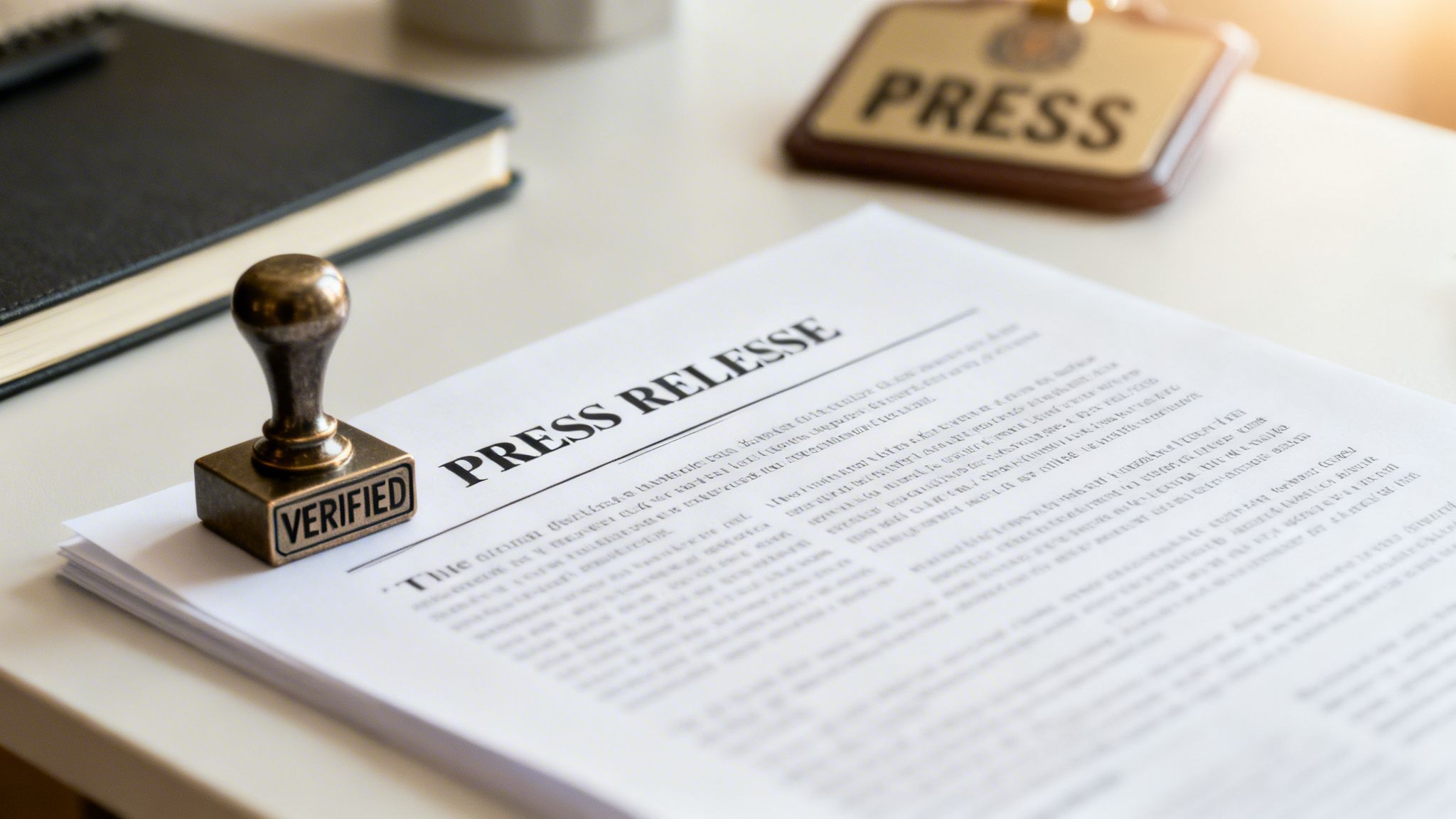 A 'Press Release' document with a 'Verified' stamp, next to a 'Press' sign and a notebook.