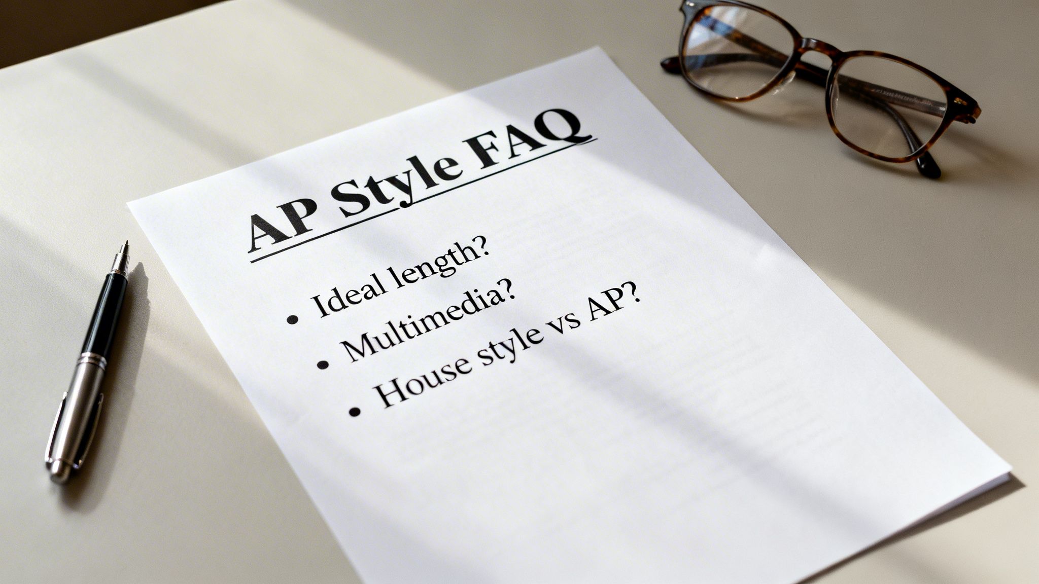 A document titled 'AP Style FAQ' with questions about ideal length, multimedia, and house style.