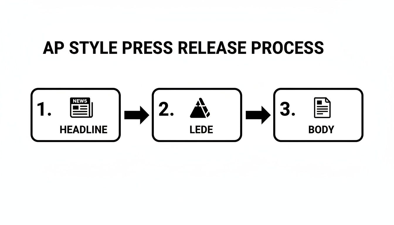 Flowchart showing the AP style press release writing process, detailing headline, lede, and body sections.