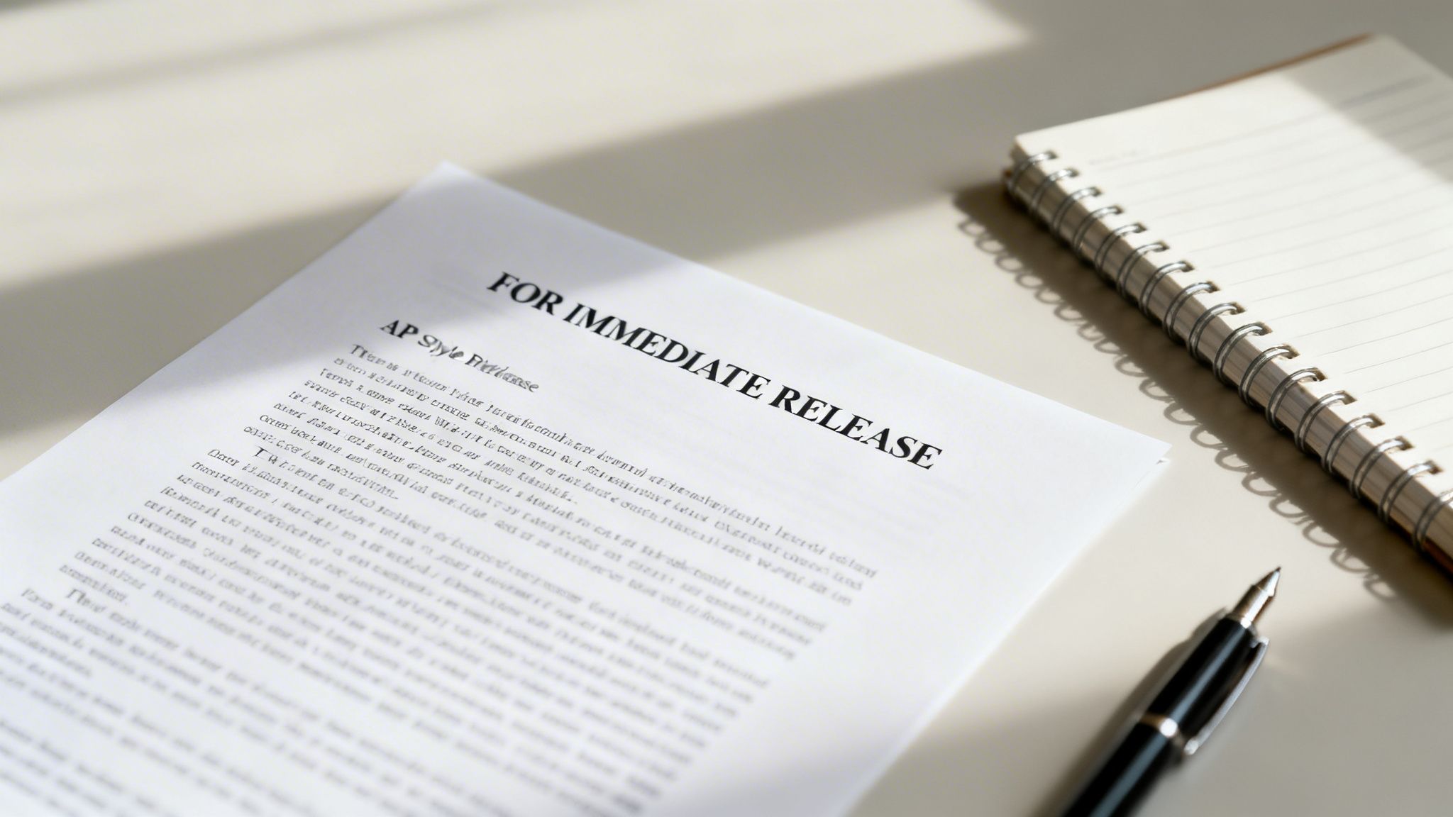 A press release document with 'For Immediate Release' and 'AP Style' alongside a notebook and pen.