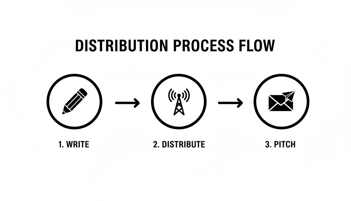 A distribution process flow diagram showing three steps: Write, Distribute, and Pitch.