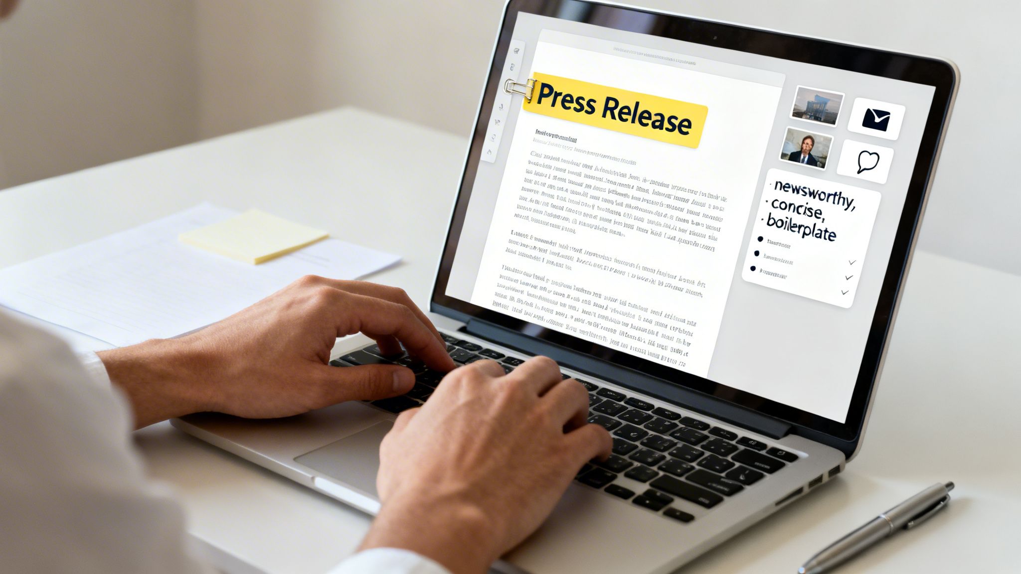 Hands typing on a laptop showing a press release document with a checklist sidebar on a desk.