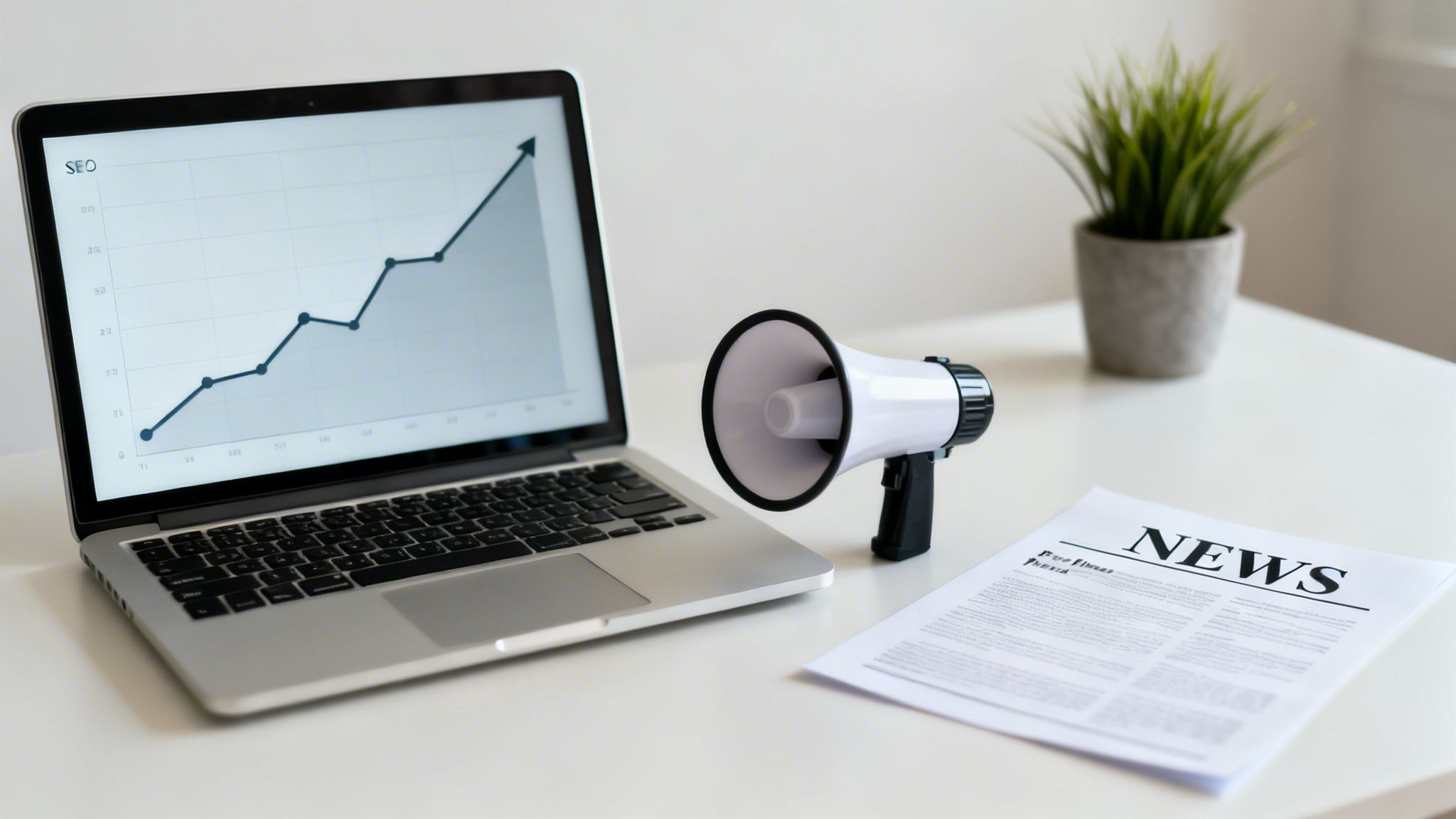 A laptop screen displays an SEO growth chart next to a megaphone and a newspaper titled 'NEWS'.