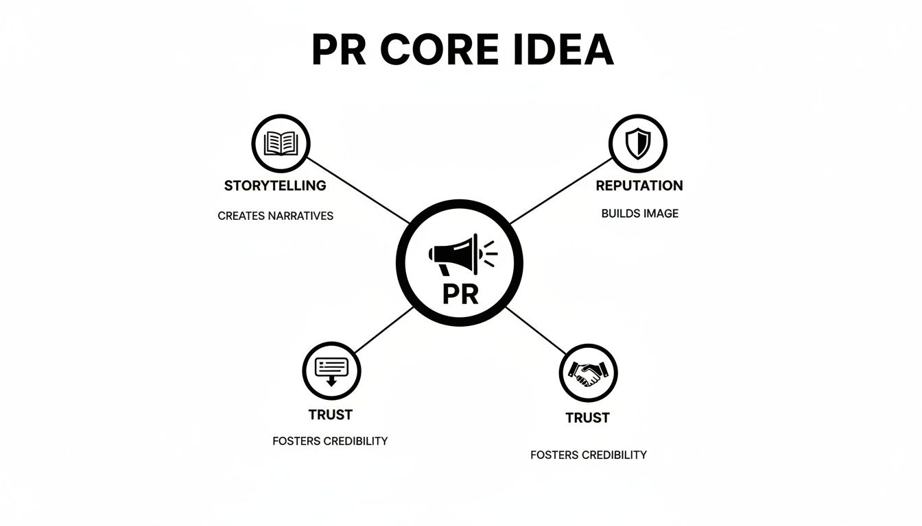 Diagram illustrating PR core ideas: storytelling, reputation, and trust fostering credibility.