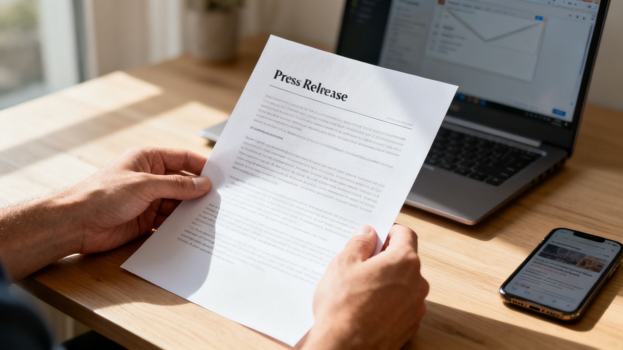 A person holds a 'Press Release' document at a wooden desk with a laptop and phone.