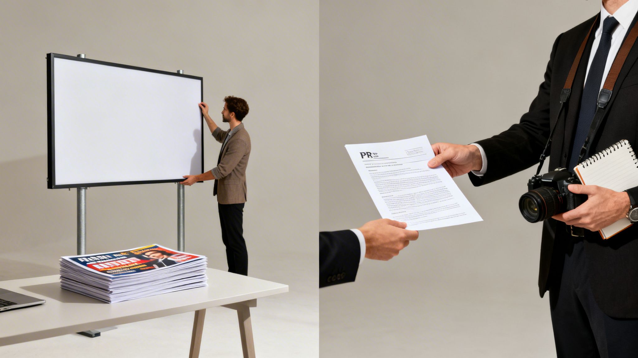 PR professionals preparing a display board and exchanging an official document during a meeting.