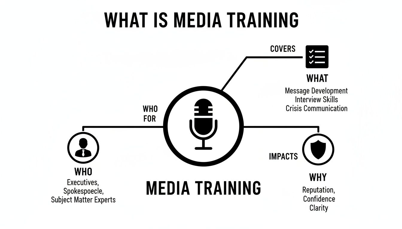 Infographic defining media training: who it's for, what it covers (message development, interview skills), and its impacts (reputation, confidence).