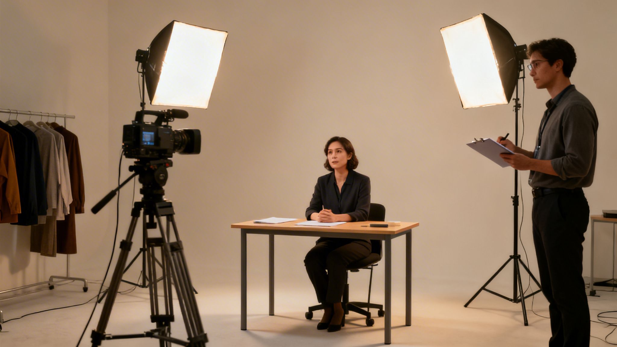 A professional media training session with a woman speaking, a camera, and crew.