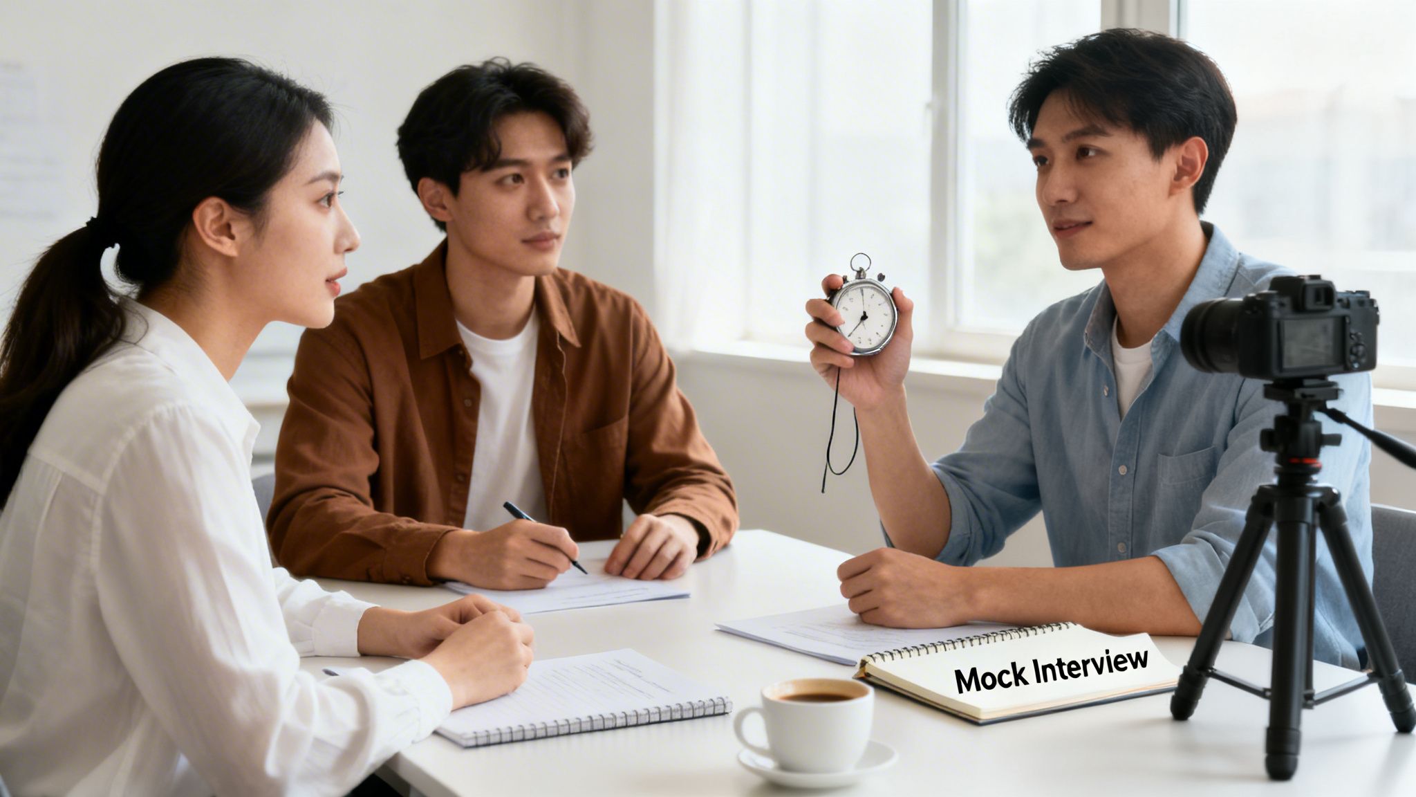 Three young adults conduct a mock interview with a stopwatch and camera for media training.