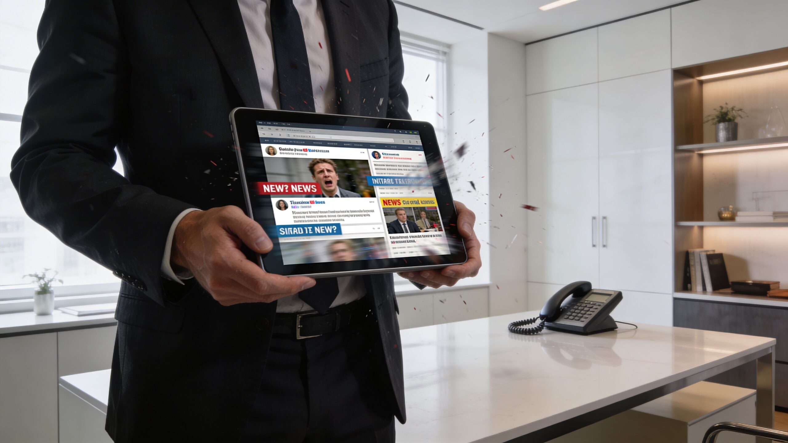 A businessman in a suit holding a tablet displaying a news feed with digital effects.