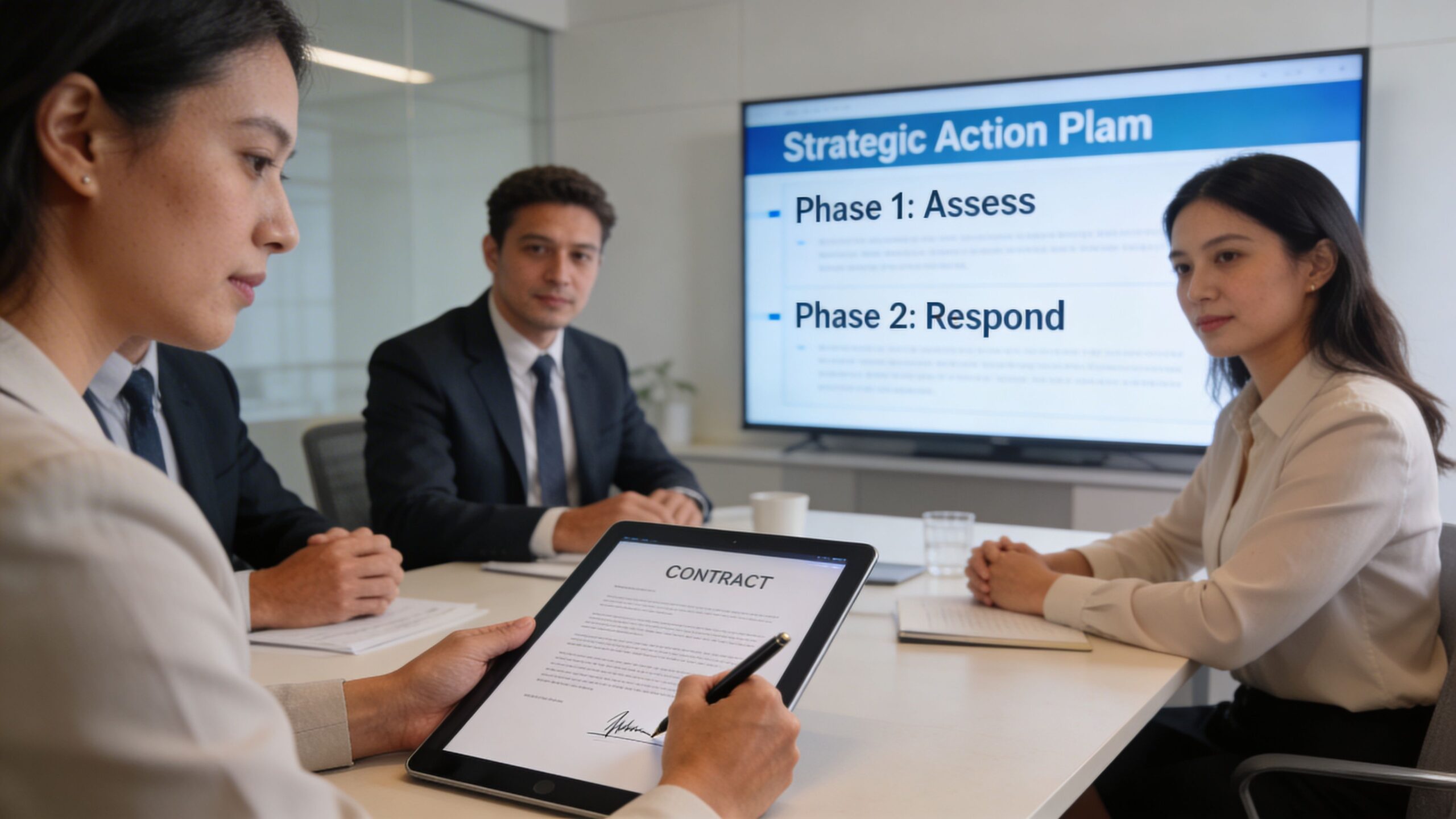 A professional team in a meeting reviewing a digital contract with a strategic action plan onscreen.