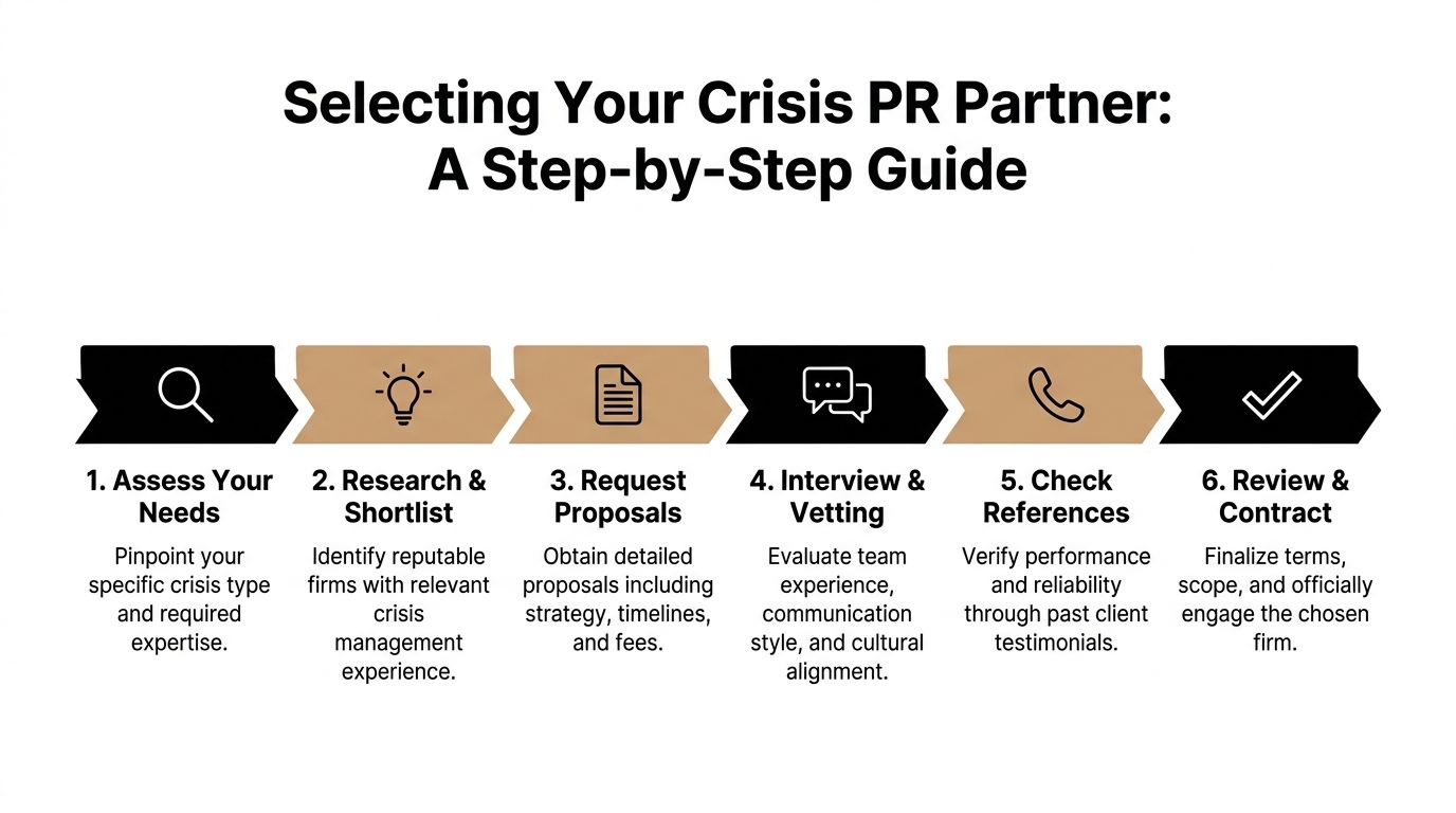 A six-step infographic guide for selecting the right professional crisis management public relations partner.