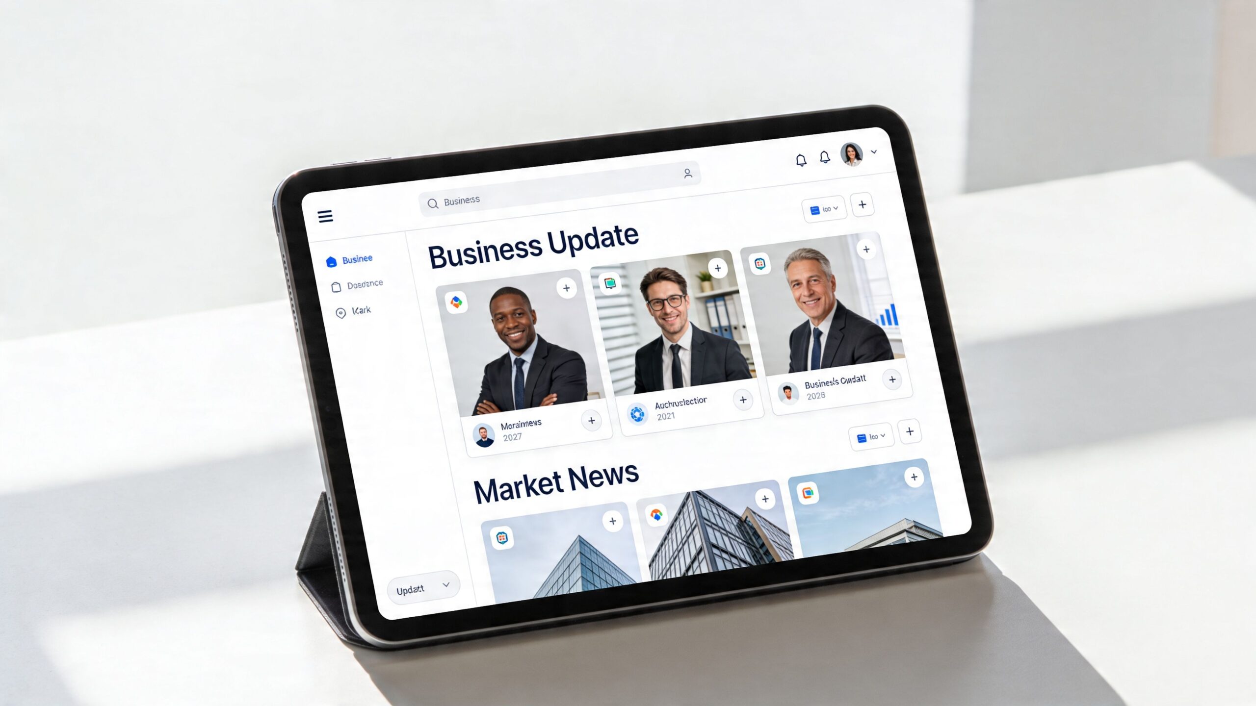 A tablet on a stand displaying a digital business news dashboard with professional headshots and building images.