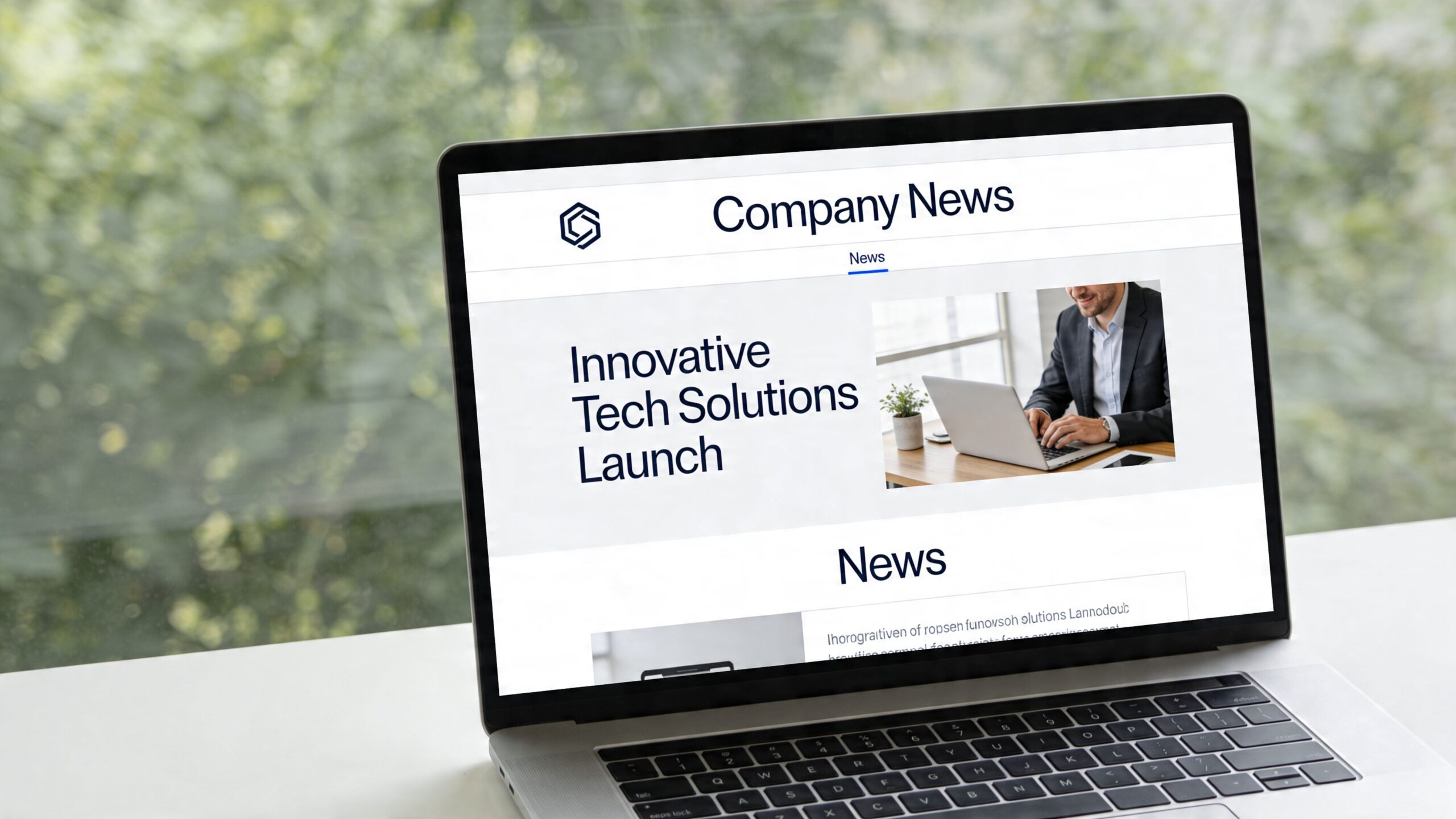 A modern laptop screen displaying a business company news website with an article about tech solutions.