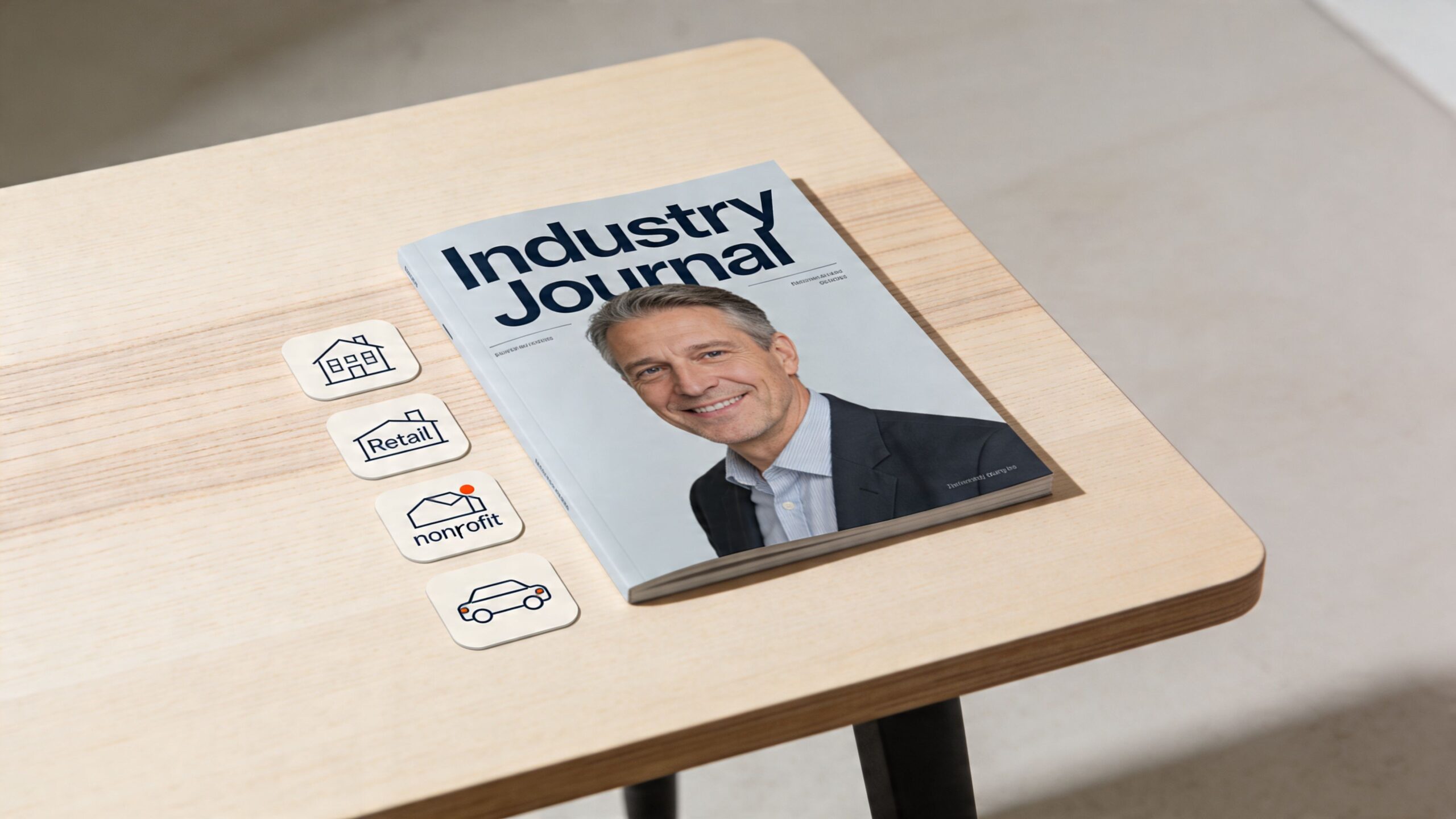 A professional Industry Journal magazine placed on a light wooden table next to four business sector icons.