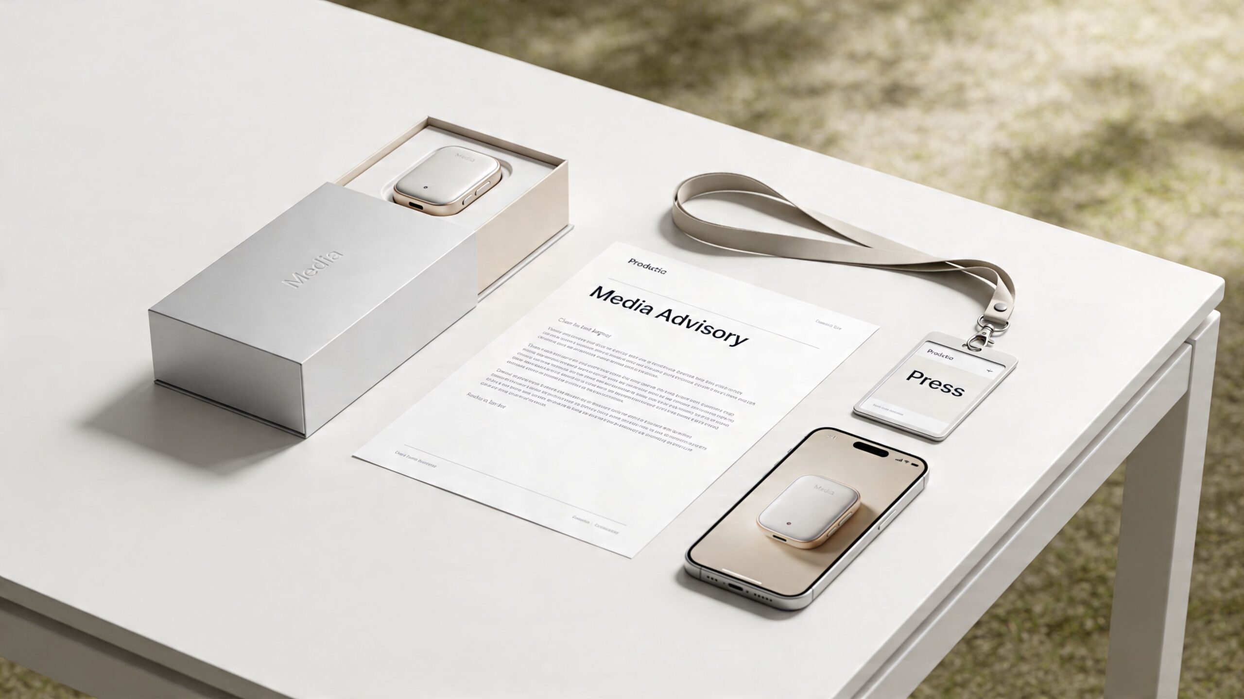 A professional media kit set including a product box, media advisory document, press ID badge, and smartphone.