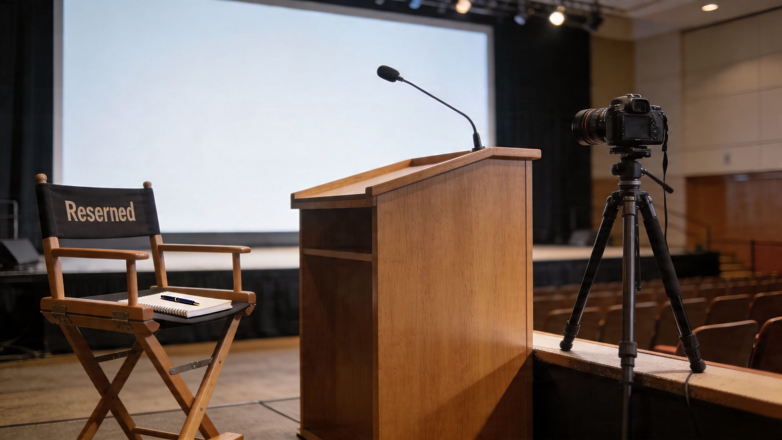 A wooden podium with a microphone, a reserved chair with a notebook, and a camera on a tripod.