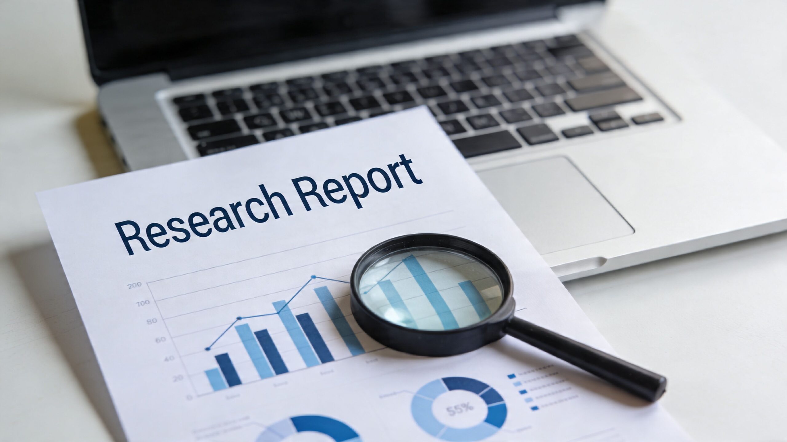 A research report with bar charts and a magnifying glass placed on top of a laptop keyboard.