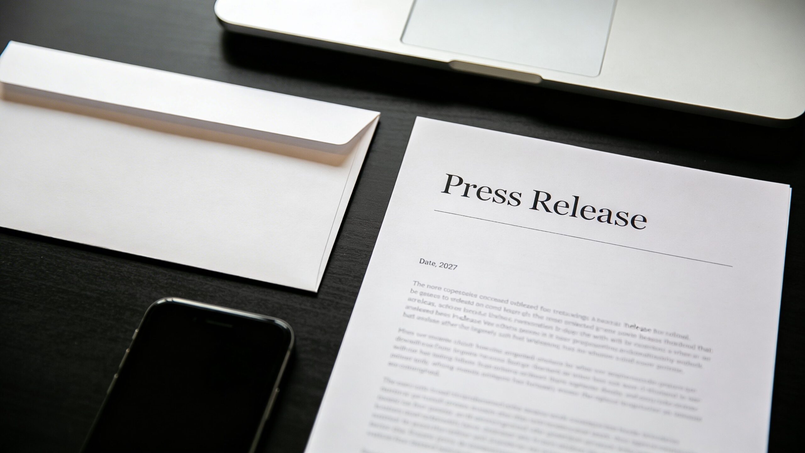 A minimalist desk setup featuring a laptop, a smartphone, an envelope, and a printed press release document.