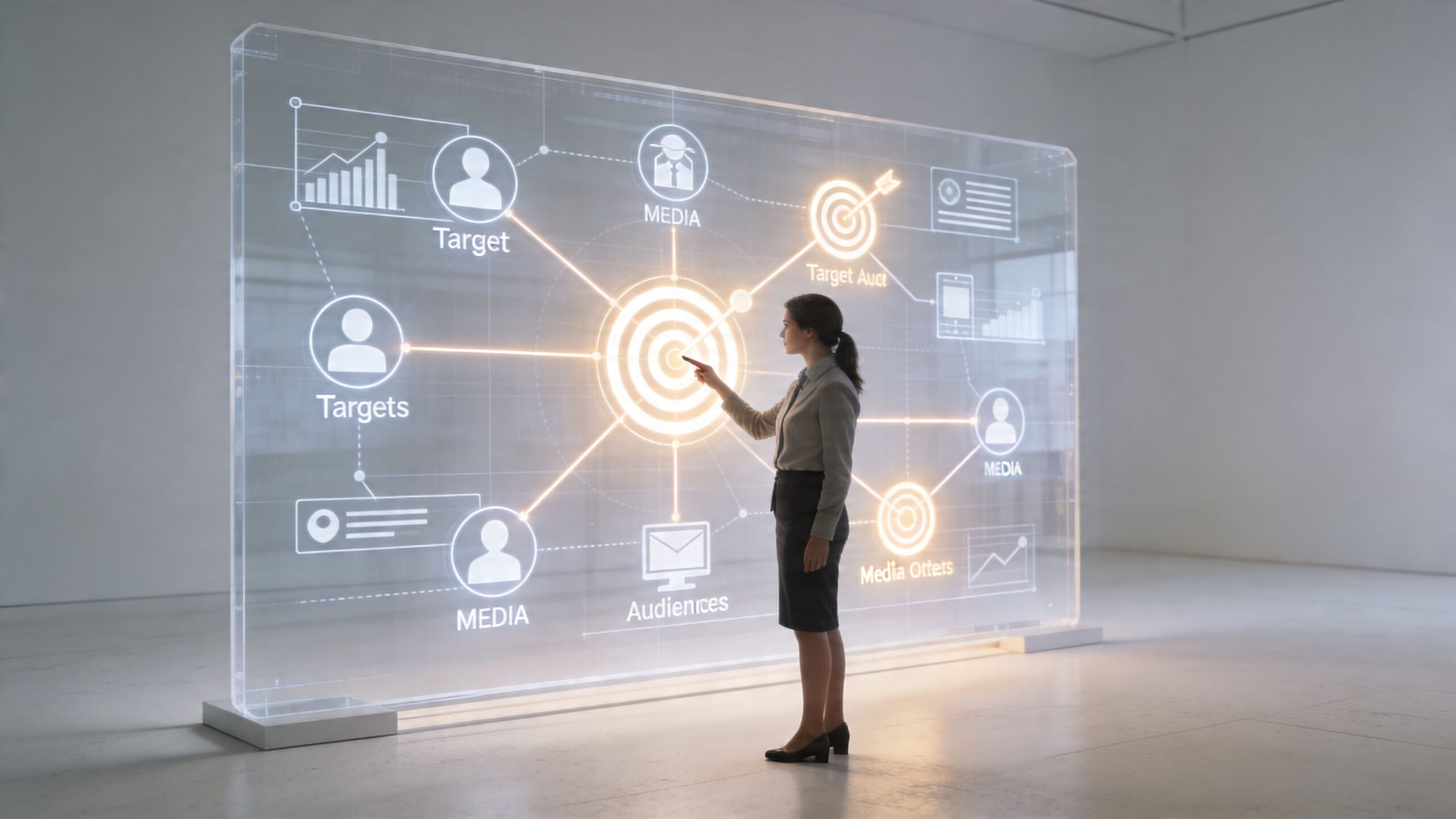 A professional woman interacting with a futuristic digital glass screen displaying marketing and audience targeting data visualizations.