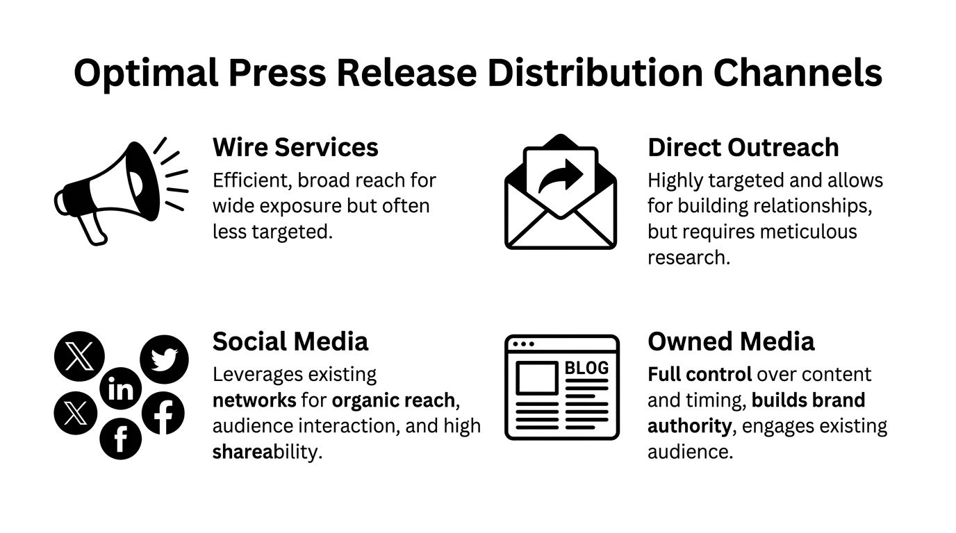 An infographic illustrating four effective channels for distributing press releases, including wire services, outreach, social media, and blogs.
