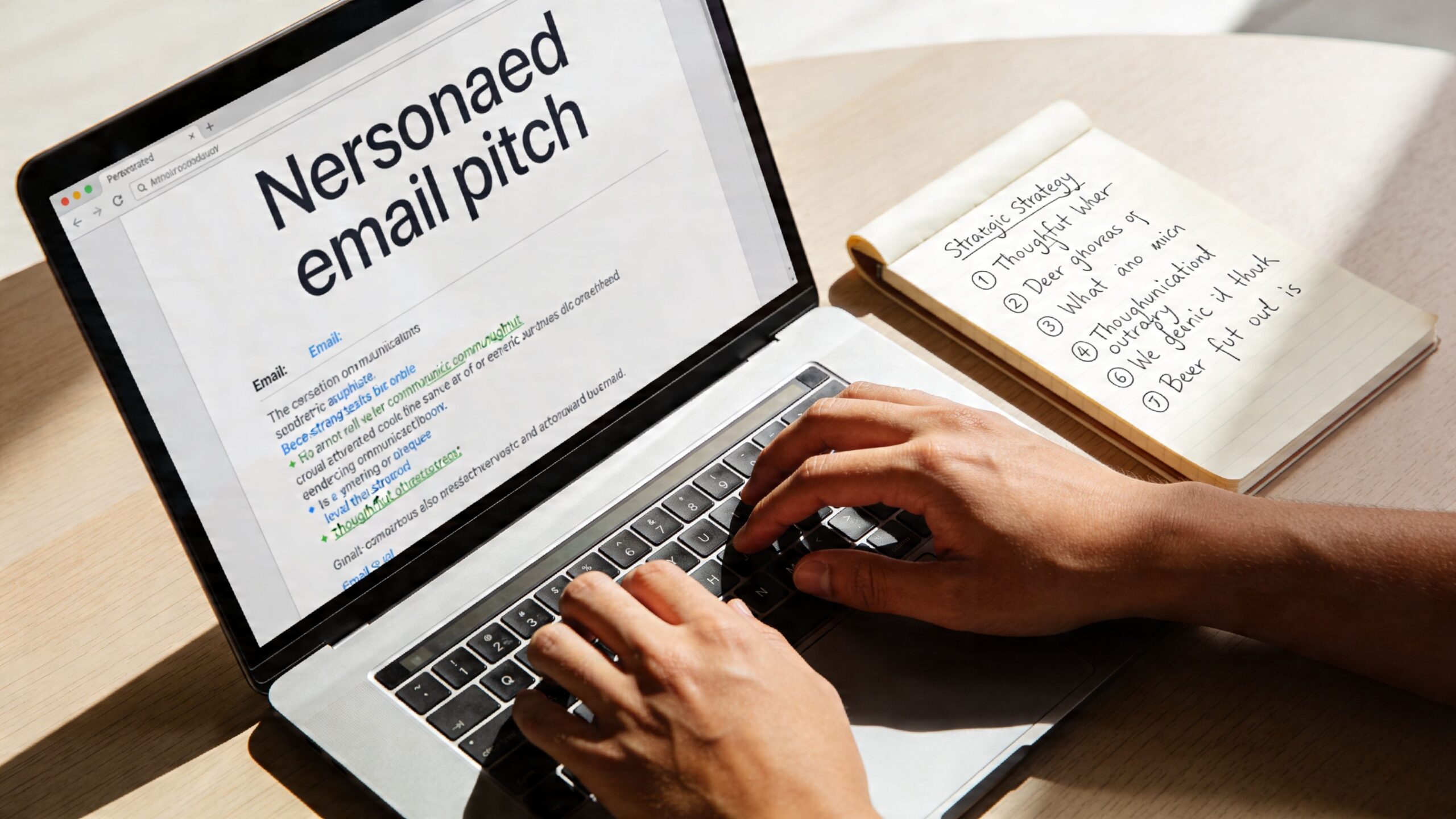 Person typing on a laptop with a list of strategic communication steps on a notepad nearby.