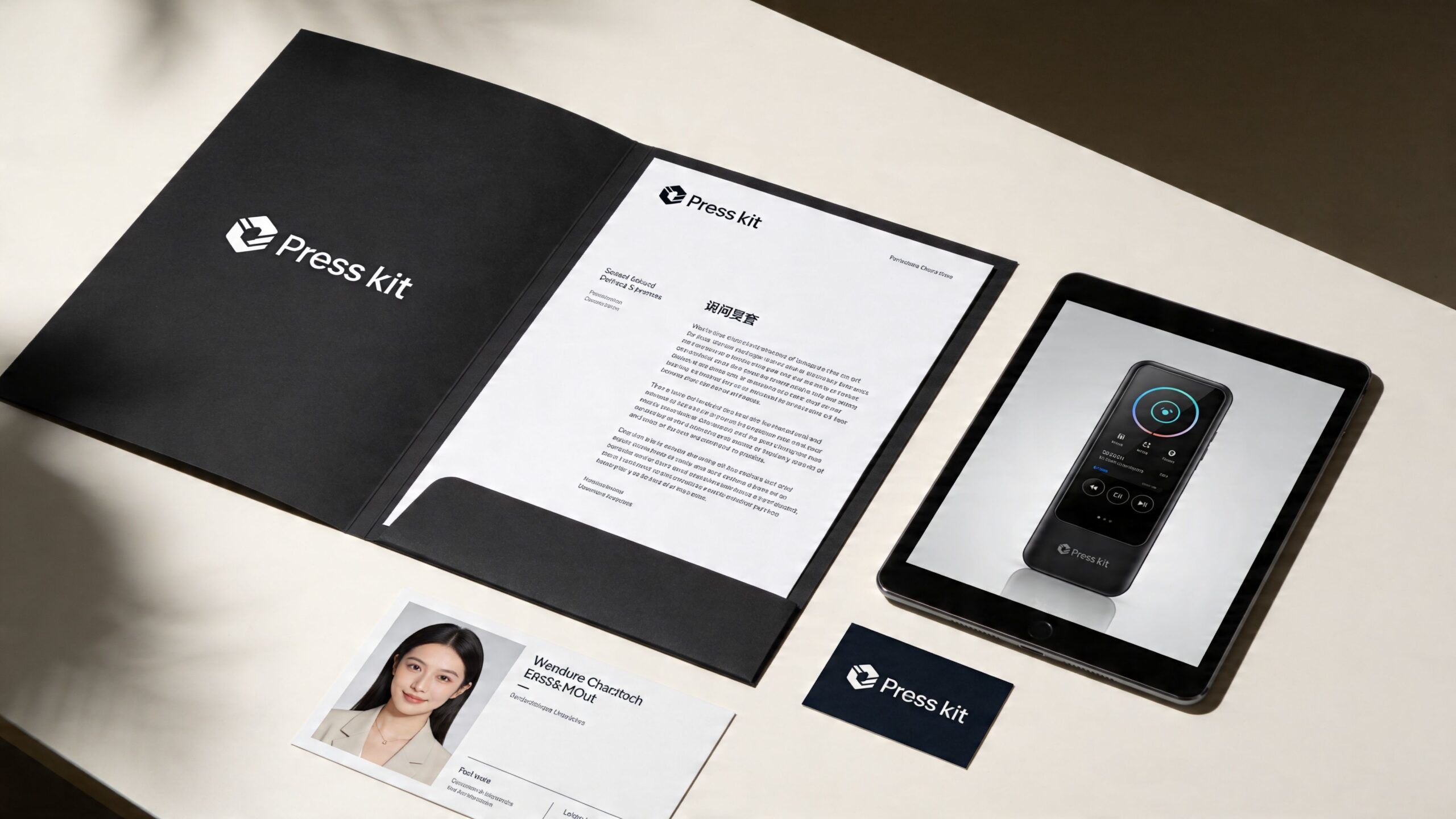 A professional press kit layout featuring a black folder, a document, a tablet, and a contact card.