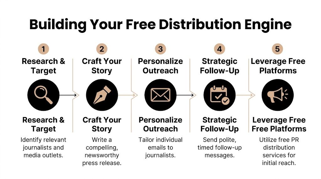 A five-step infographic showing the process for building a free press release distribution engine for media outreach.