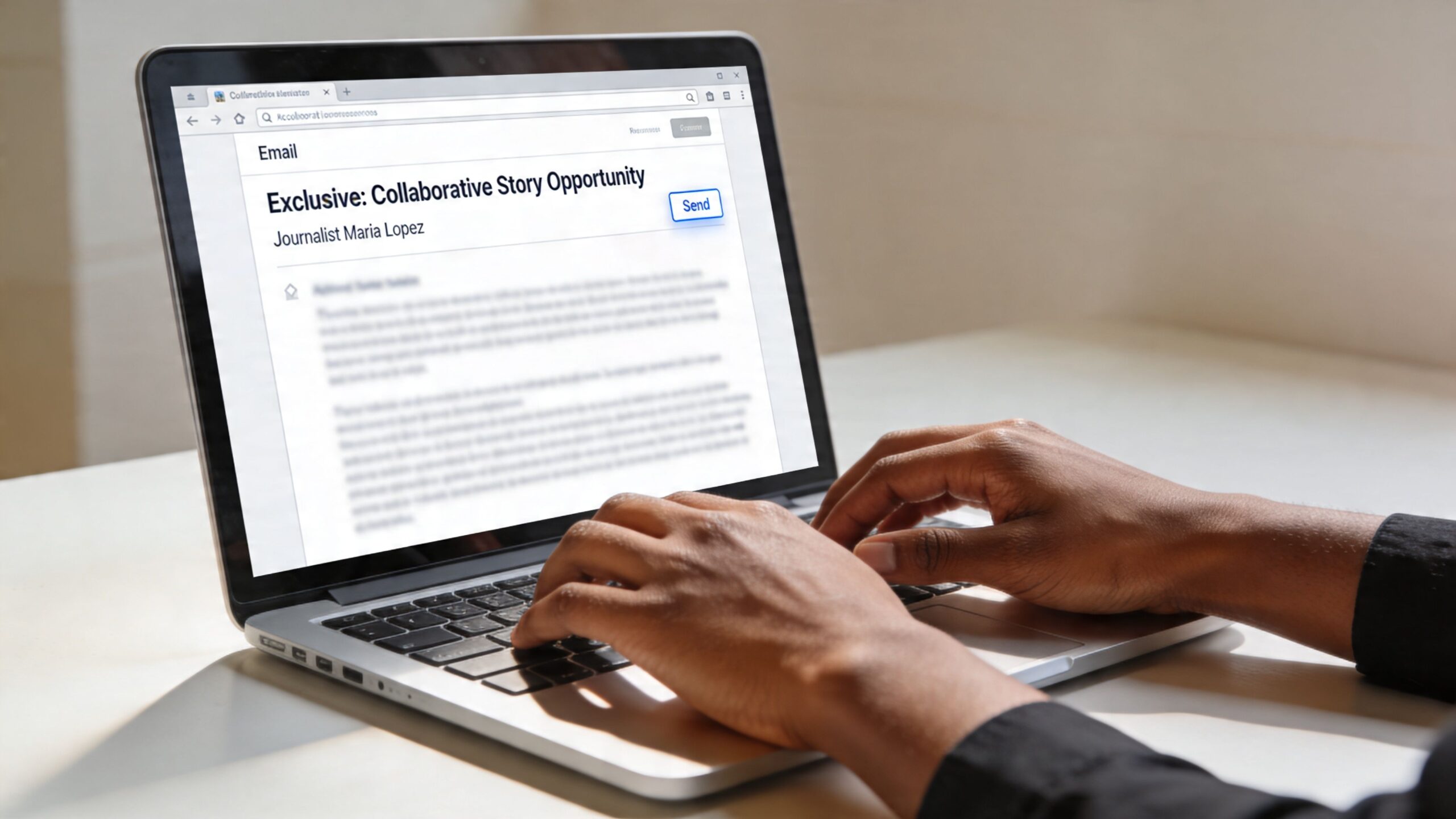 A professional typing an email pitch for an exclusive collaborative story opportunity on a laptop computer.