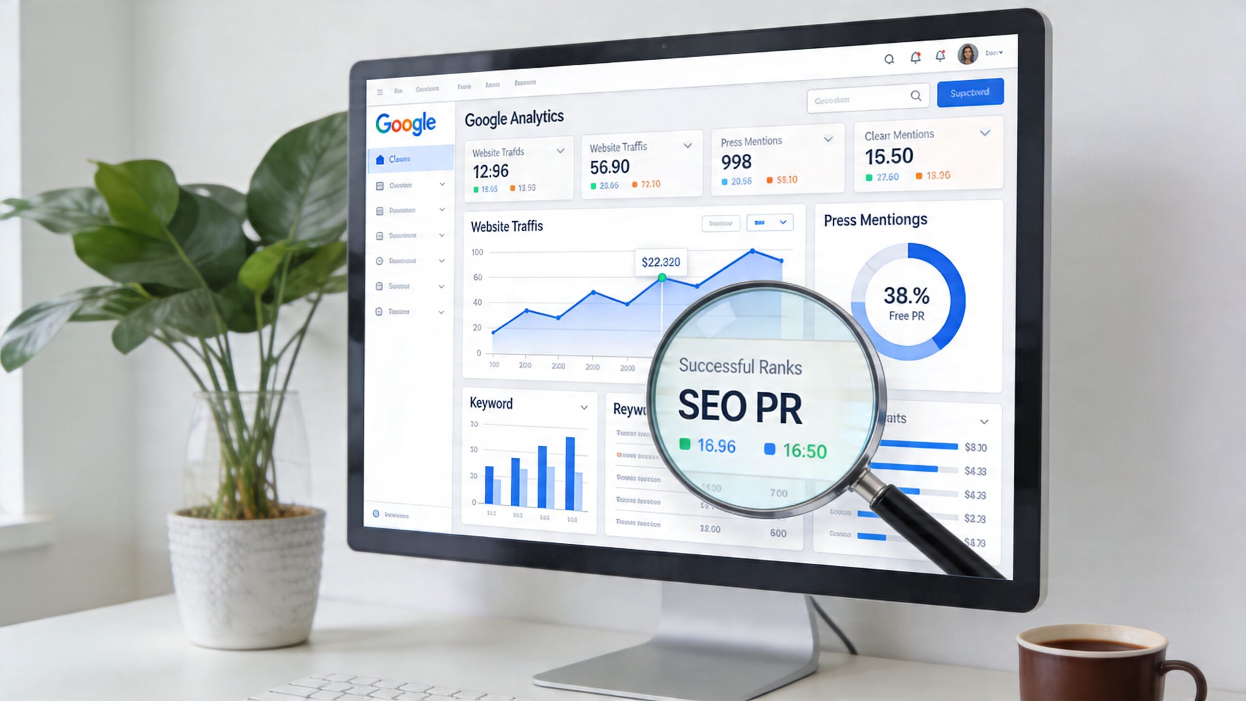 A computer monitor displaying a Google Analytics dashboard with a magnifying glass focused on SEO PR data.