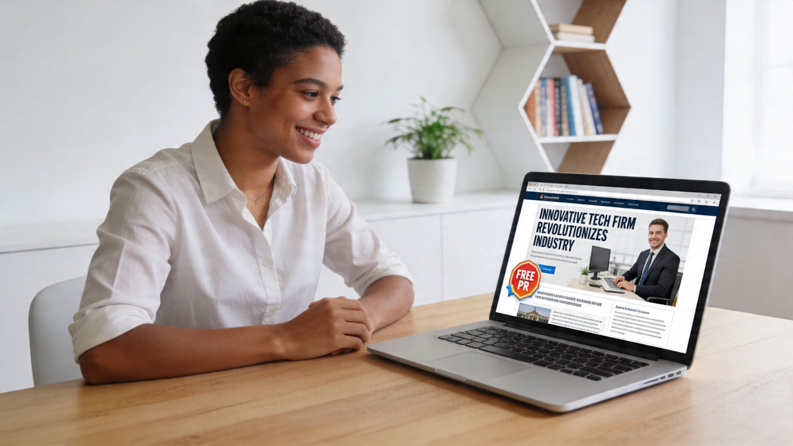 A professional young woman smiling while looking at a laptop screen displaying press release distribution information.