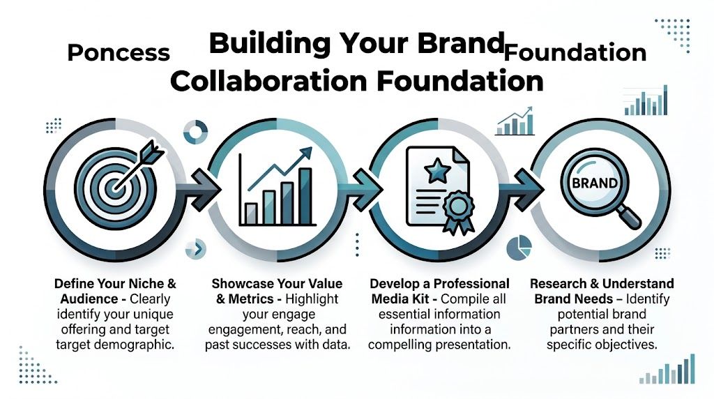 An infographic showing four steps to build brand collaboration foundations, including audience targeting and media kit development.