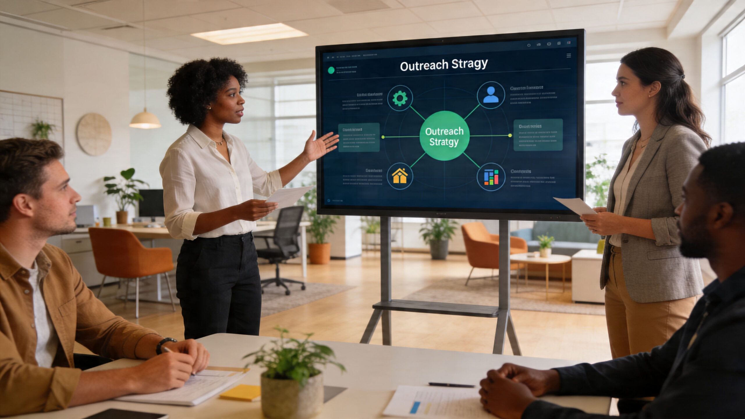A professional business team holding a meeting in an office to discuss an outreach strategy presentation.