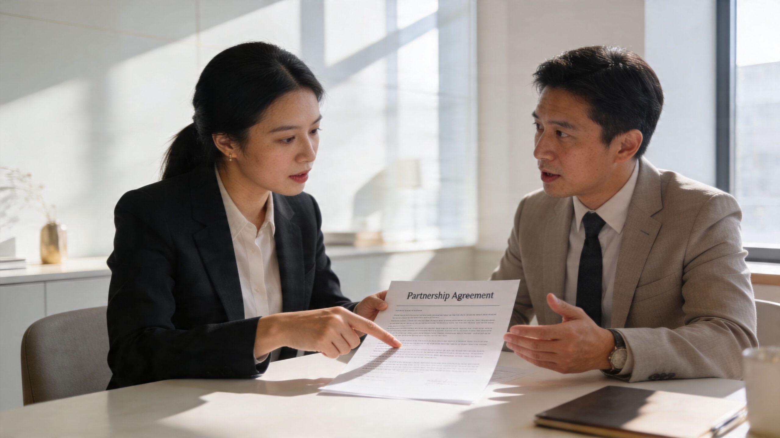 A professional man and woman in business attire reviewing a partnership agreement in a bright, modern office.