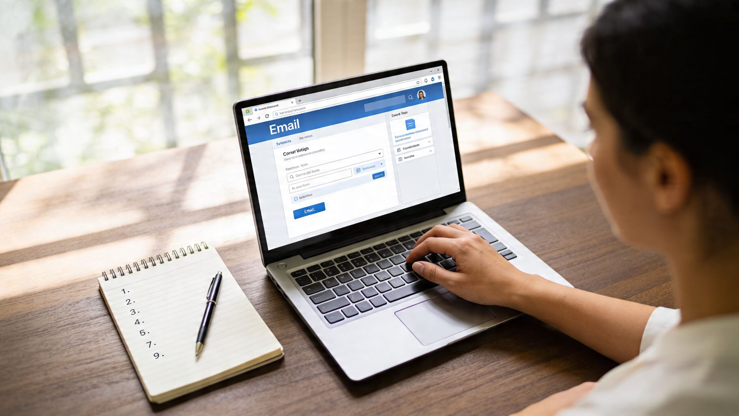 A person using a laptop to manage professional email correspondence while working at a wooden desk.