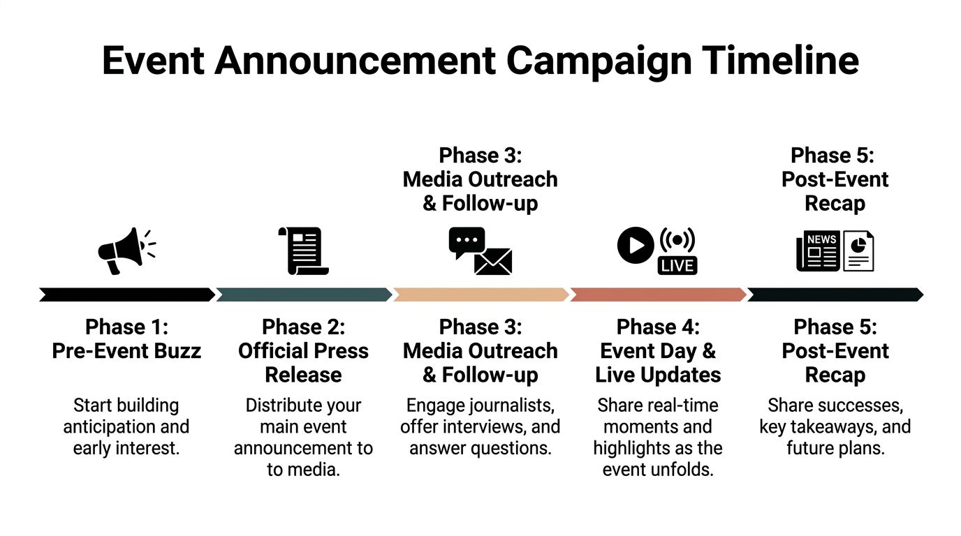A five-phase visual timeline for managing an event announcement campaign from pre-event buzz to post-event recap.